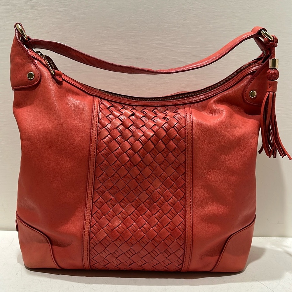 COLE HAAN Salmon Colored With Woven Panels Leather Hobo/ Shoulder Bag